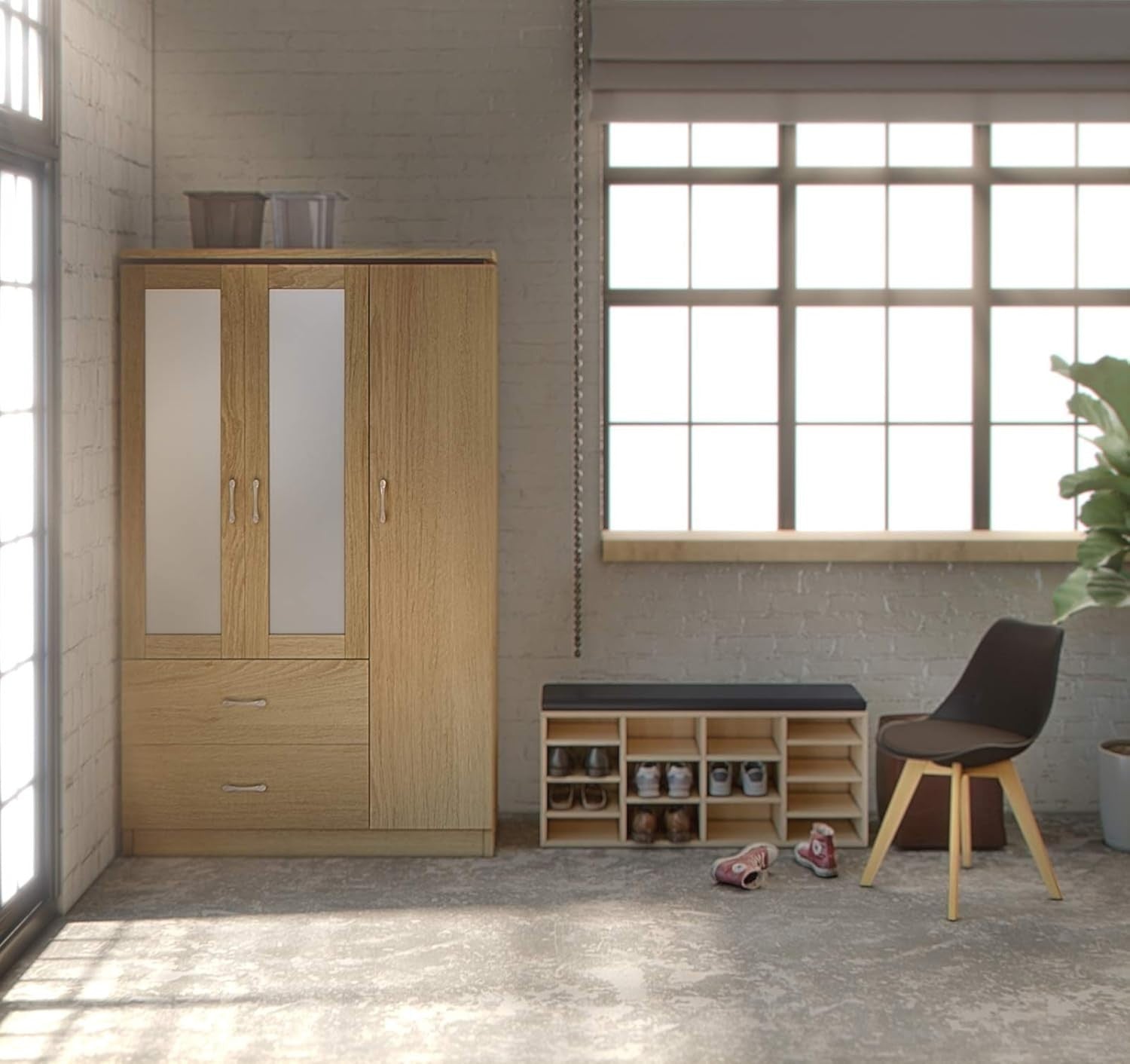 3 Door Wardrobe Oak Effect Mirror Sliding Hinged Storage Drawers Modern