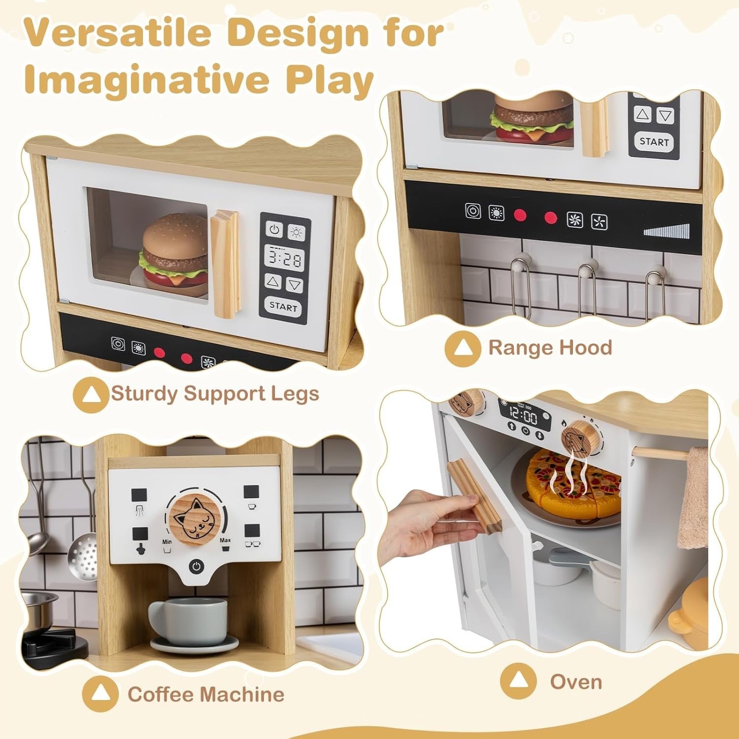 Wooden Kids Play Kitchen Lights Sounds Coffee Maker Ice Machine