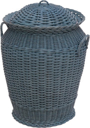 Round Rattan Laundry Basket with Lid 59cm Tall Handmade Woven Hamper Blue