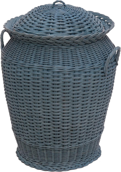 Round Rattan Laundry Basket with Lid 59cm Tall Handmade Woven Hamper Blue