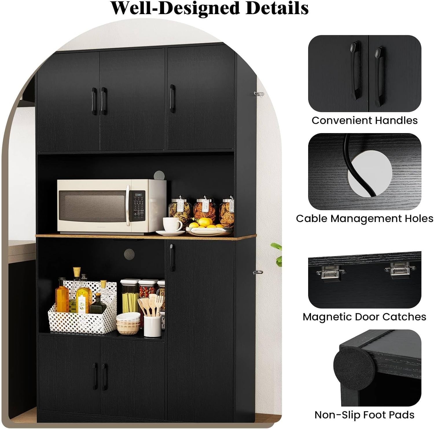 180cm Tall Kitchen Cupboard Black 6 Doors Pantry Cabinet with Power Outlet