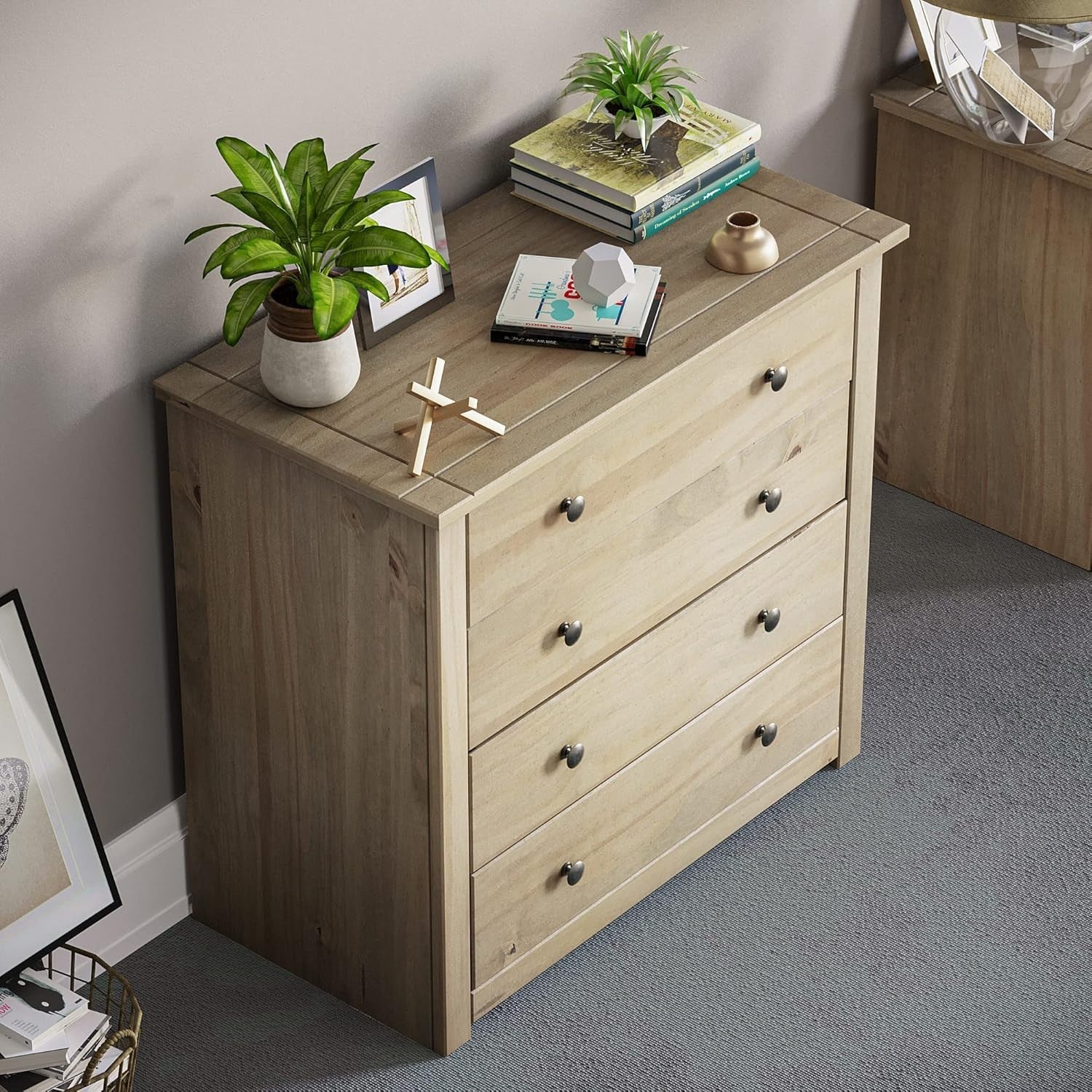 Solid Pine 4 Drawer Chest Wood Wax Finish Storage Unit Bedroom Modern