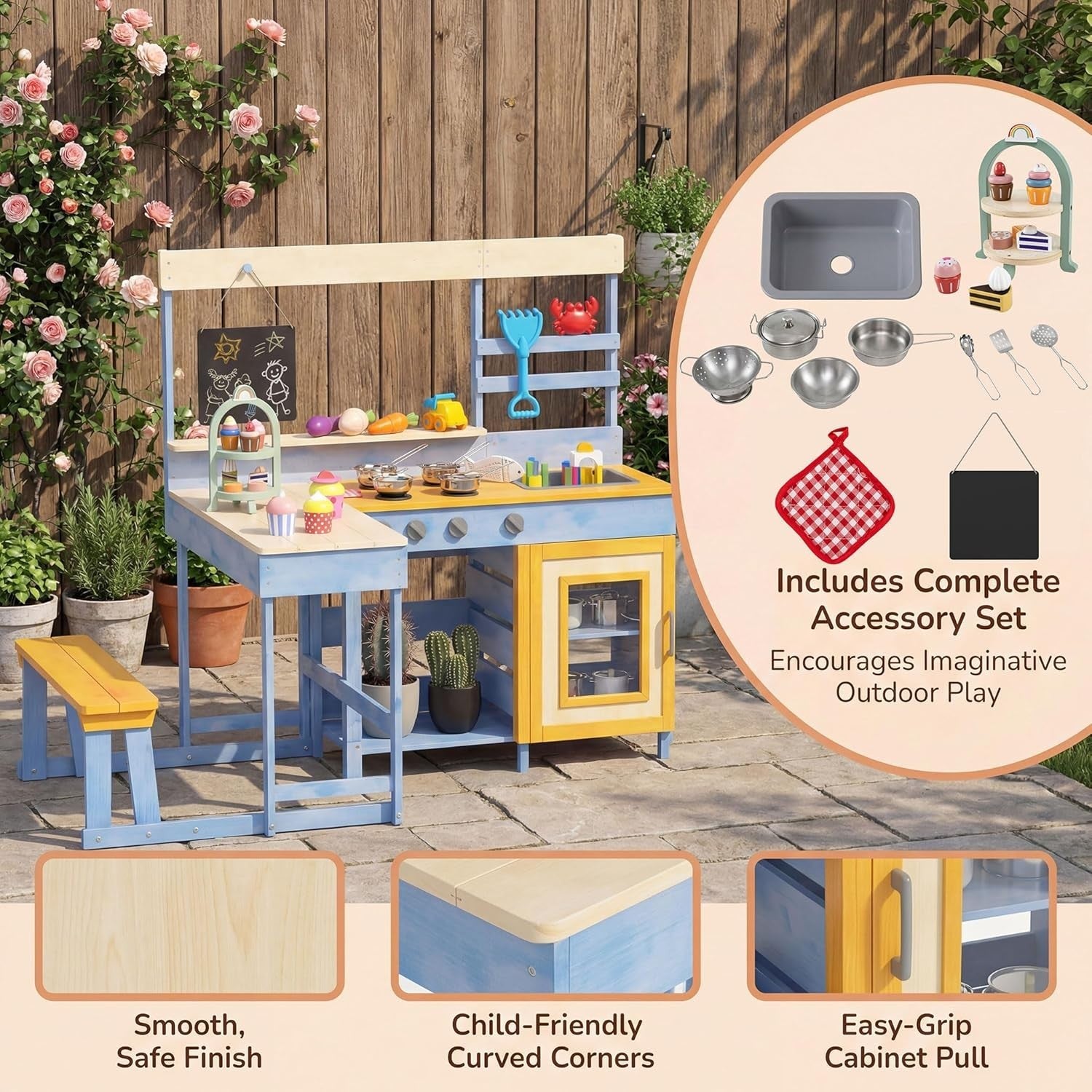 Kids Mud Kitchen Outdoor Wooden Play Kitchen Picnic Table Toy Set