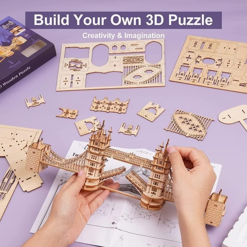 3D Wooden Tower Bridge Model Kit LED Light DIY Puzzle Gift for Adults