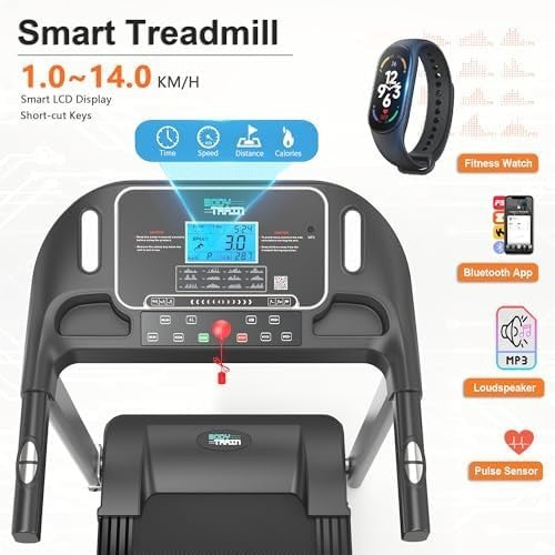 Folding Bluetooth Treadmill 14km/h 15-Level Incline 2.5HP App Sync Home Running