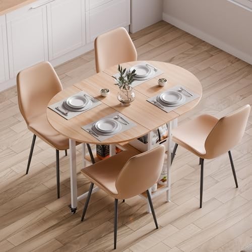 Oak & White Folding Dining Table Drop Leaf Mobile 4-6 Seat Small Space