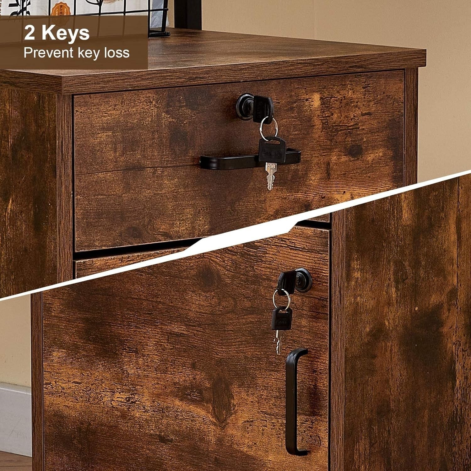 Rustic Brown Mobile File Cabinet Set 40cm Lockable Under Desk