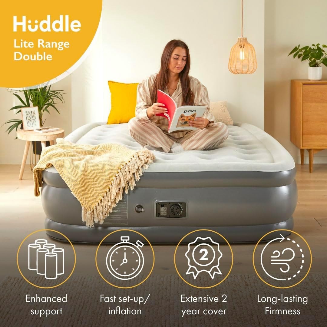 Double Air Bed with Built-In Pump Quick Inflate Flocked Top for Guests & Camping