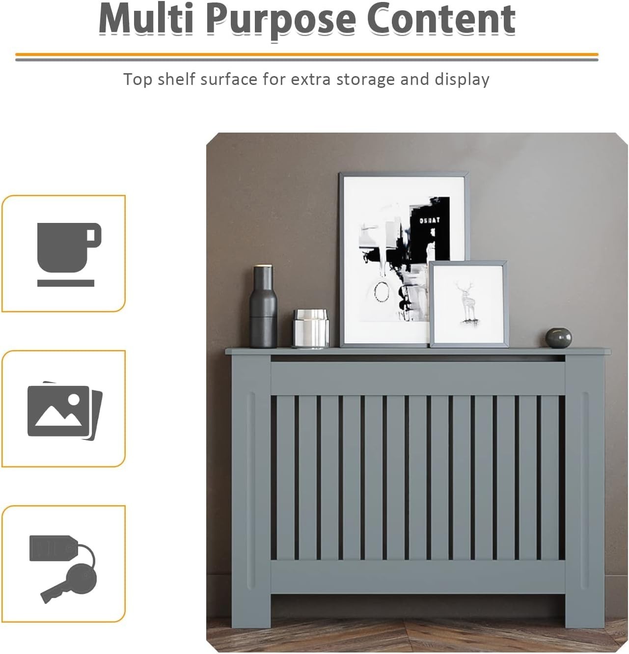 Medium Grey Radiator Cabinet with Shelf | Vertical Slat MDF Heater Cover