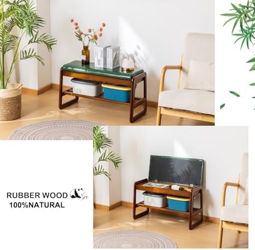 Modern Green Solid Wood Shoe Bench with Cushion & Hidden Storage 2-Tier