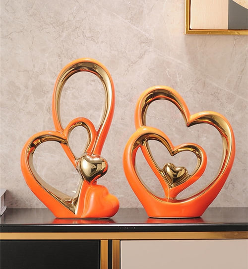 Modern Double Heart Ceramic Sculpture Gold Accent Ornament Romantic Home Decor