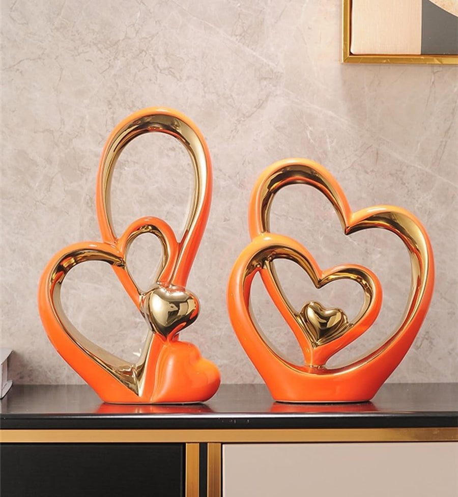 Modern Double Heart Ceramic Sculpture Gold Accent Ornament Romantic Home Decor