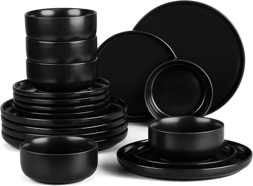 18pc Stoneware Dinner Set Matte Black Plates Bowls Microwave Safe