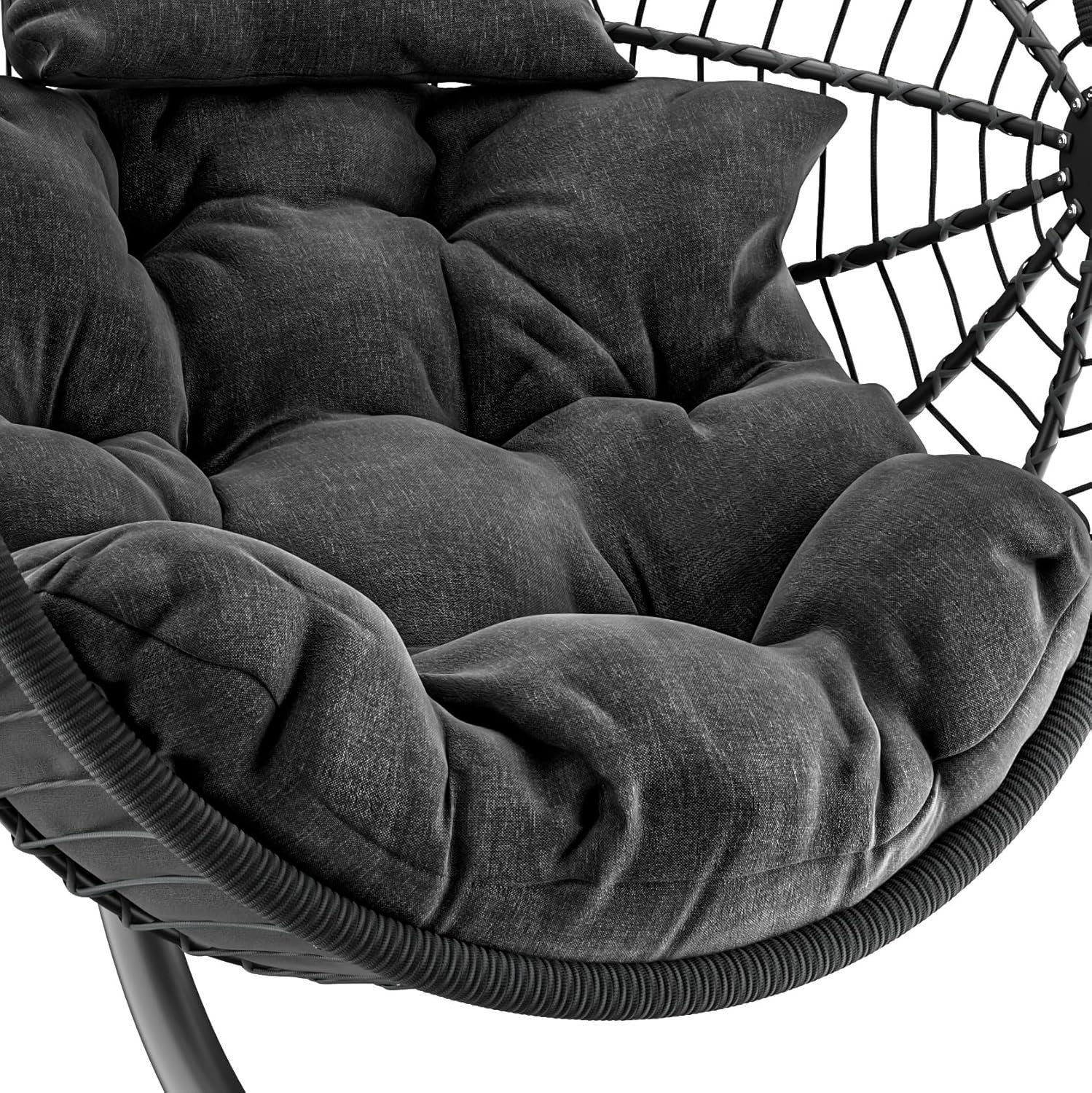 Rattan Hanging Egg Chair with Cushion & Stand Indoor Outdoor Black