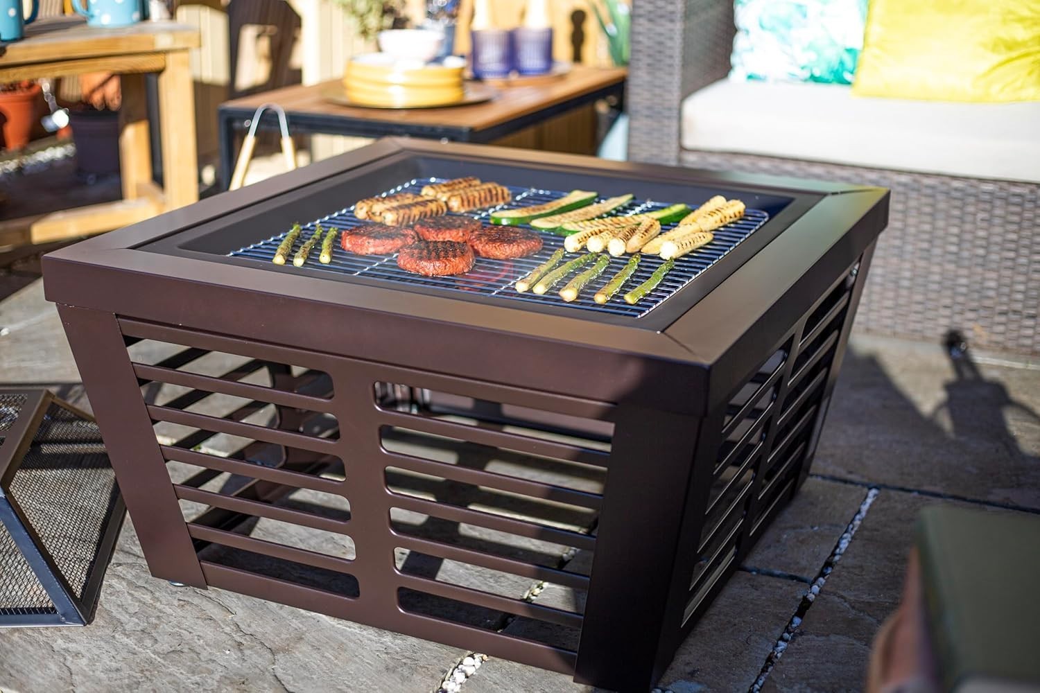 XL Outdoor Fire Pit with BBQ Grill 75cm Patio Heater Garden Wood Burner Square