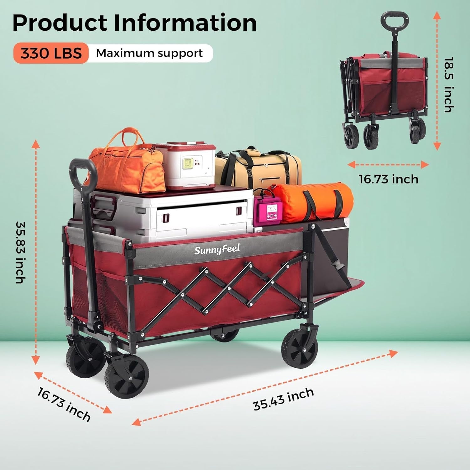 Compact Lightweight Utility Wagon Foldable Cart with Rear Door Red