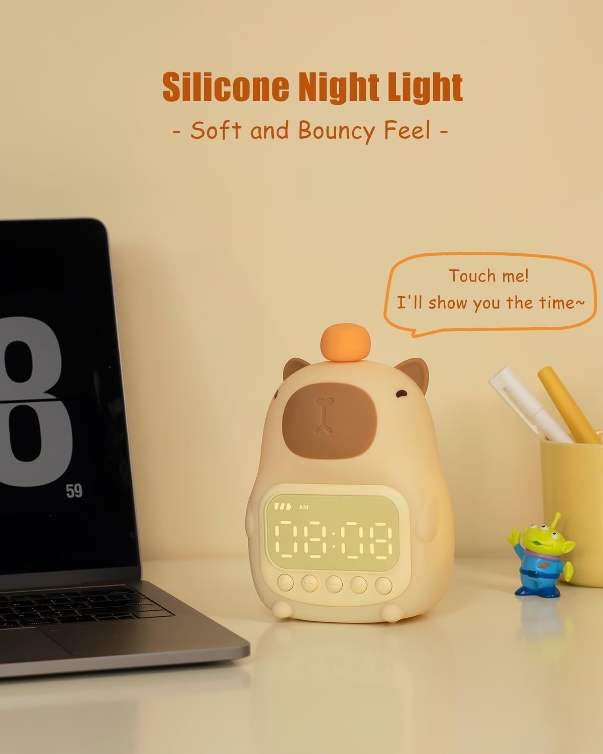 Cute Capybara Night Light Alarm Clock | Rechargeable Table Lamp for Kids & Teens