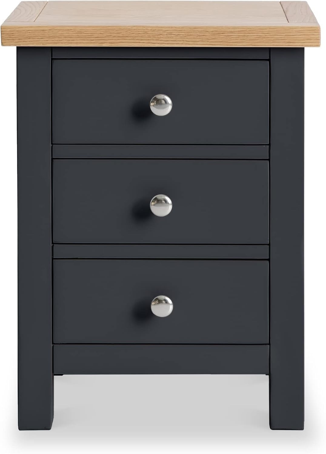 Charcoal Grey 3 Drawer Bedside Table with Solid Oak Top Fully Assembled