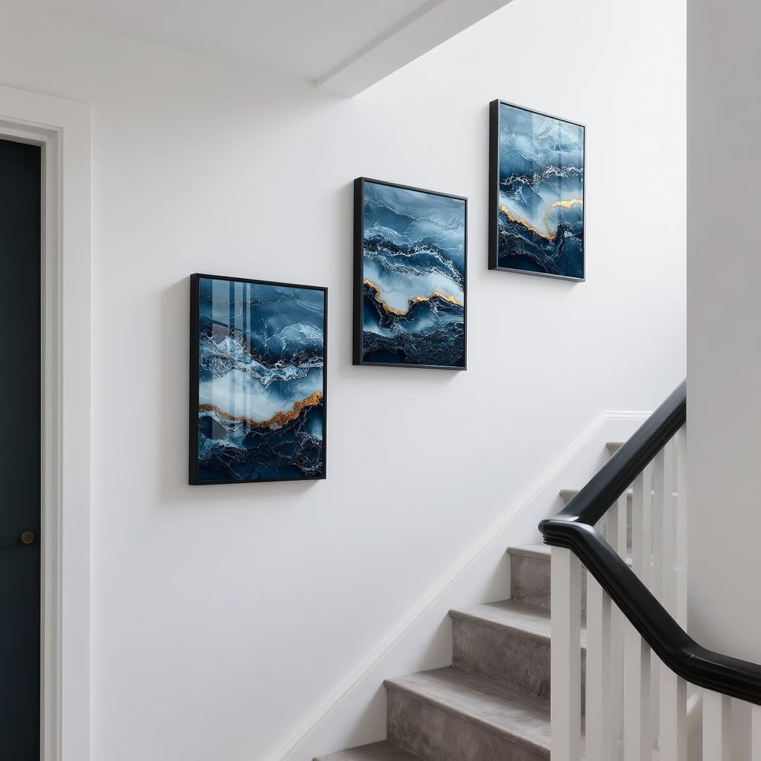 Navy Blue Gold Wall Art Set of 3 Abstract Marble Prints Unframed 40x60cm
