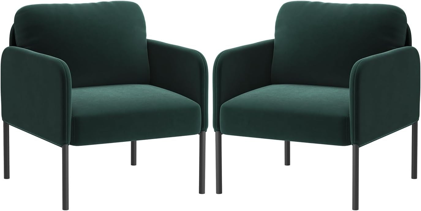 Green Velvet Accent Armchairs Set of 2 Modern Lounge Chairs