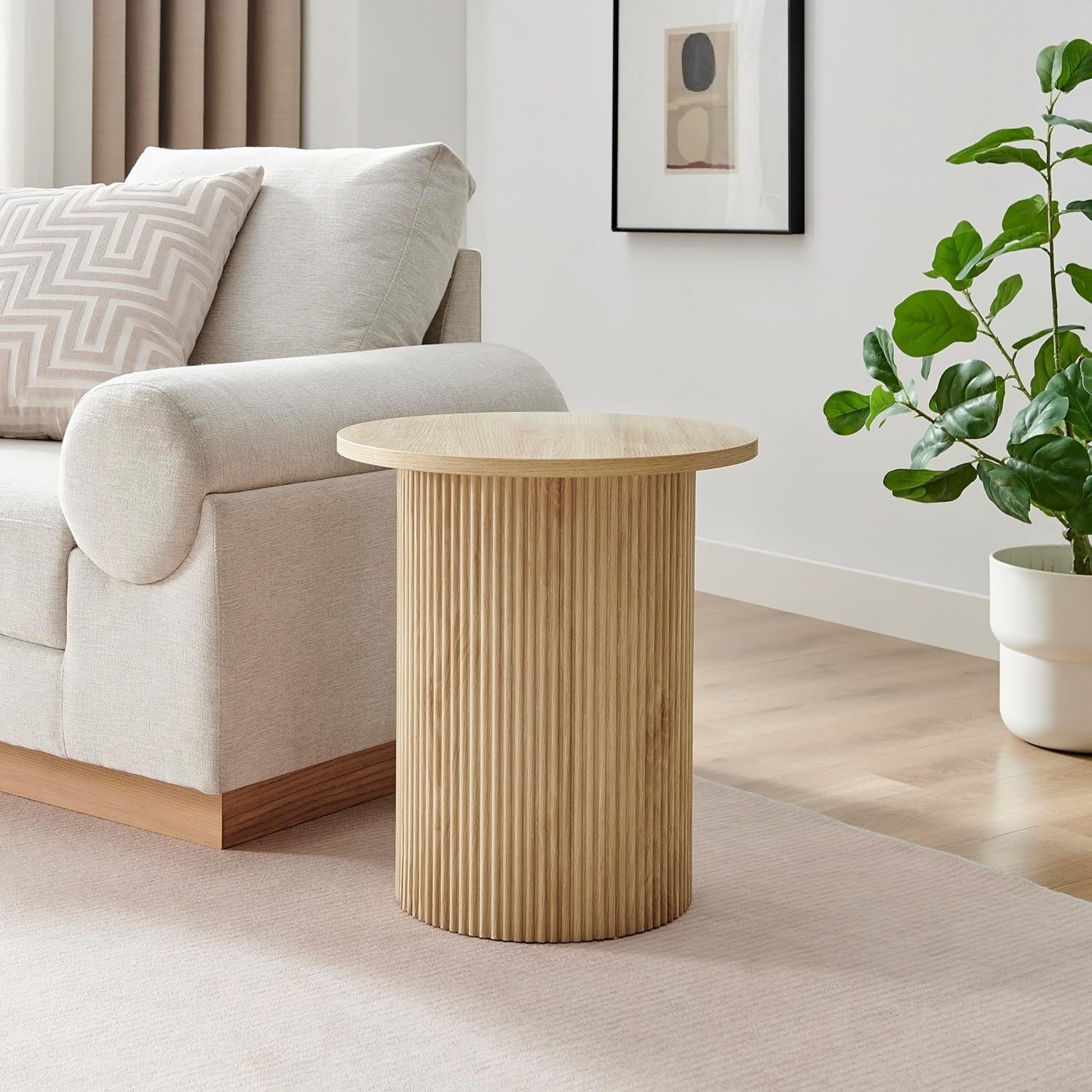 Modern Oak Round Side Table 60cm Pedestal End Table Scandinavian Minimalist
