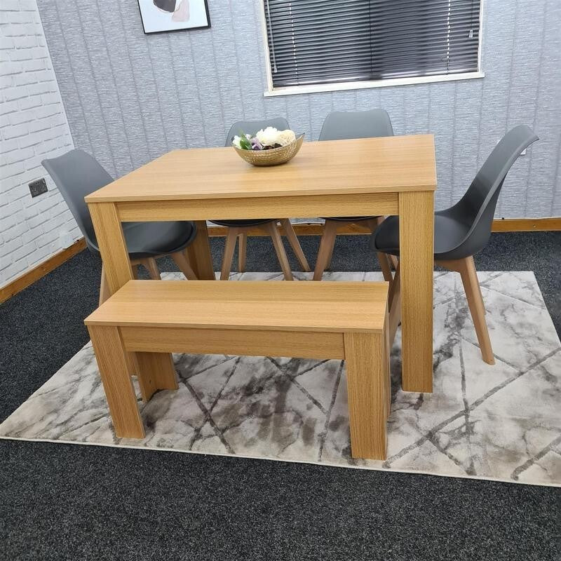 Oak Effect Dining Table Set with 4 Grey Chairs & Bench, 6 Seater Kitchen