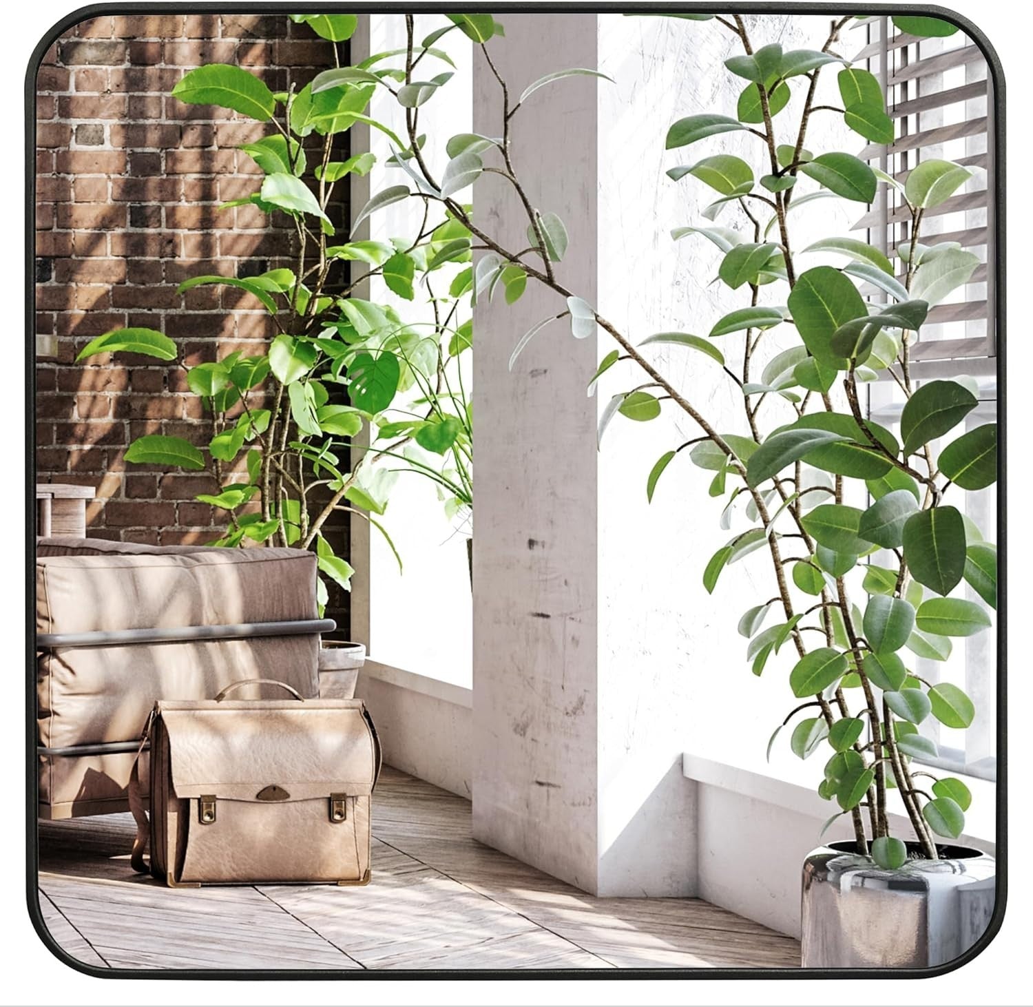 Large Square Wall Mirror 60x60cm Black Frame, Rounded Corners, Modern