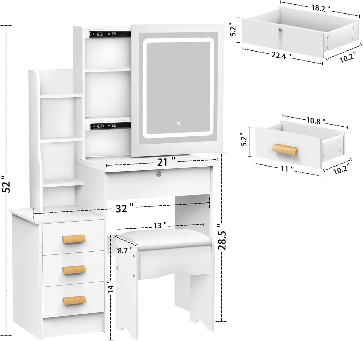 White Vanity Desk w/Sliding Lighted Mirror 4 Drawers Study Table & Stool