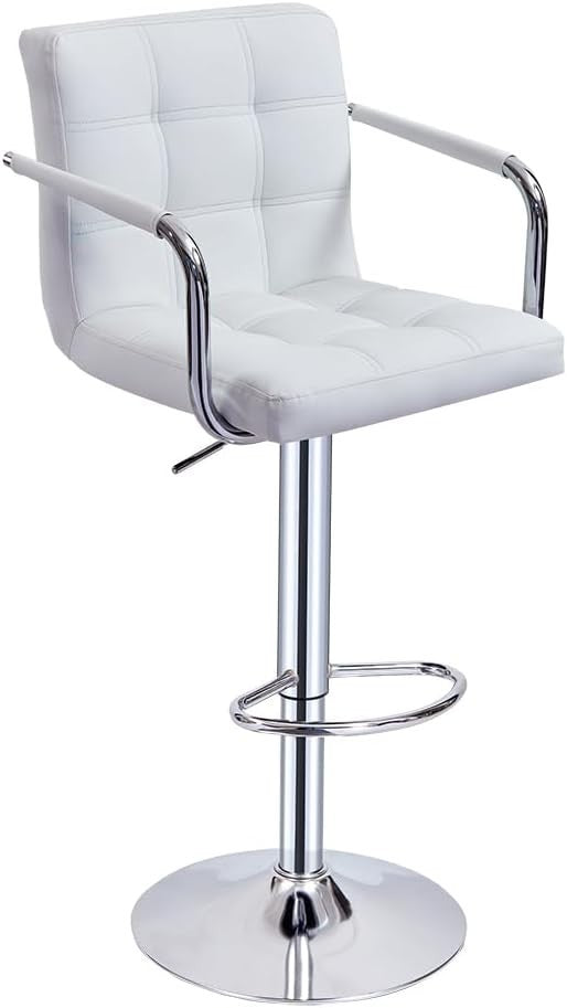 White Swivel Bar Stool with Armrest Adjustable Height Kitchen Counter Chair