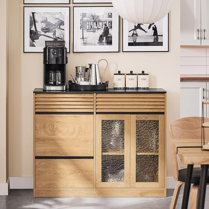Modern Oak Sideboard Cabinet with 3 Drawers & Glass Doors 112x40x89cm