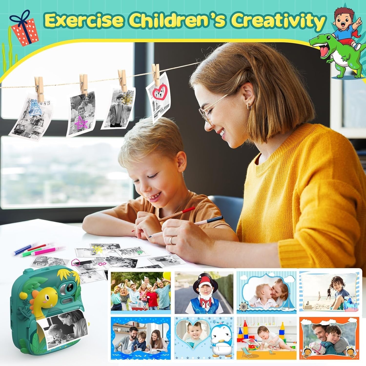 Kids Instant Print Camera 12MP 1080P HD 32GB Card Dinosaur Toy Gift