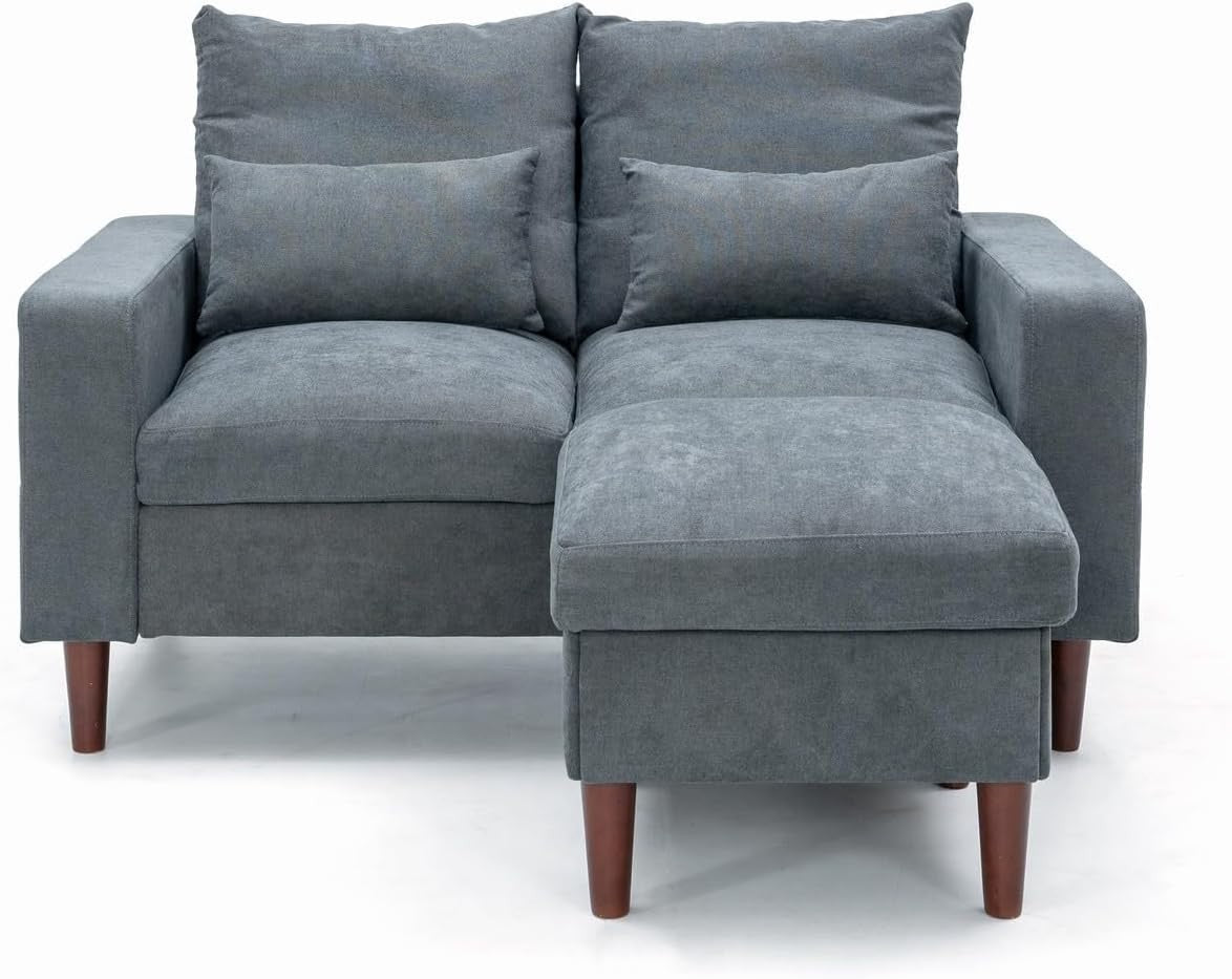 2 Seater Grey Fabric Sofa Couch with Footstool, Small Living Room Ready