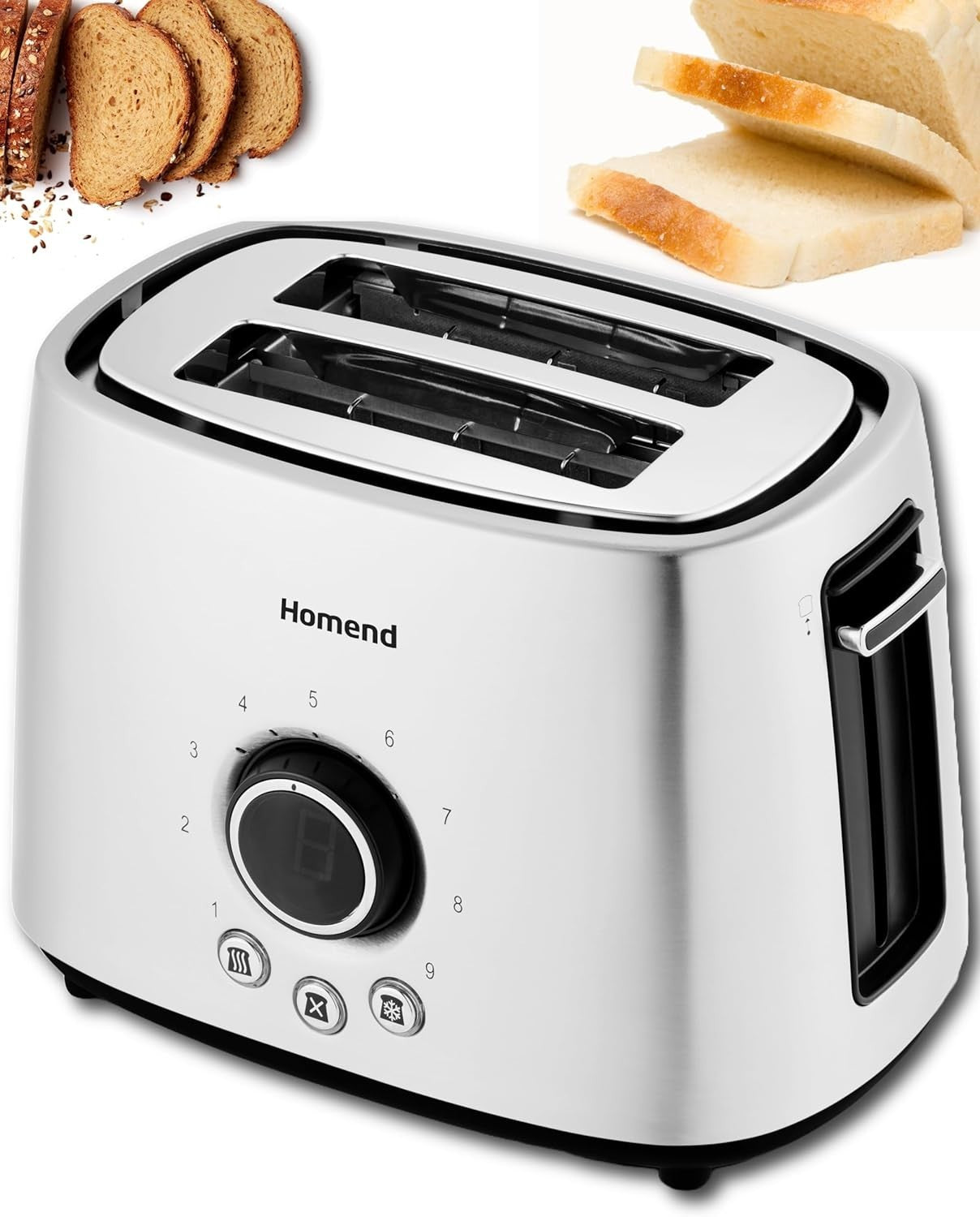 Premium 2-Slice Toaster 9 Browning Levels LED Display Wide Slots Silver