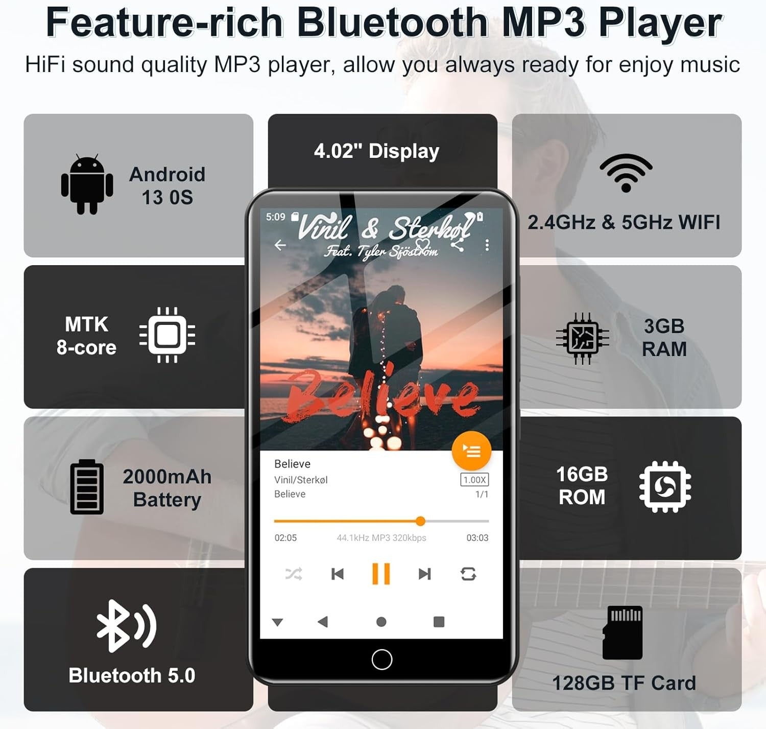 144GB MP3 MP4 Player Black Bluetooth WiFi 4" Android