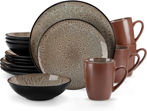 16pc Reactive Glaze Dinnerware Set Brown Plates Bowls Mugs Stoneware