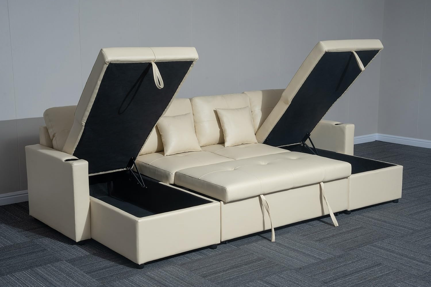 Cream Bonded Leather U-Shaped 4 Seater Sofa Bed with Storage & Pull-Out