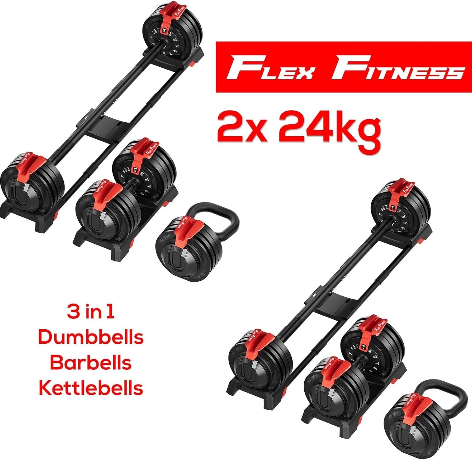 3-in-1 Adjustable Dumbbell Barbell Kettlebell Set 2–24KG Home Gym