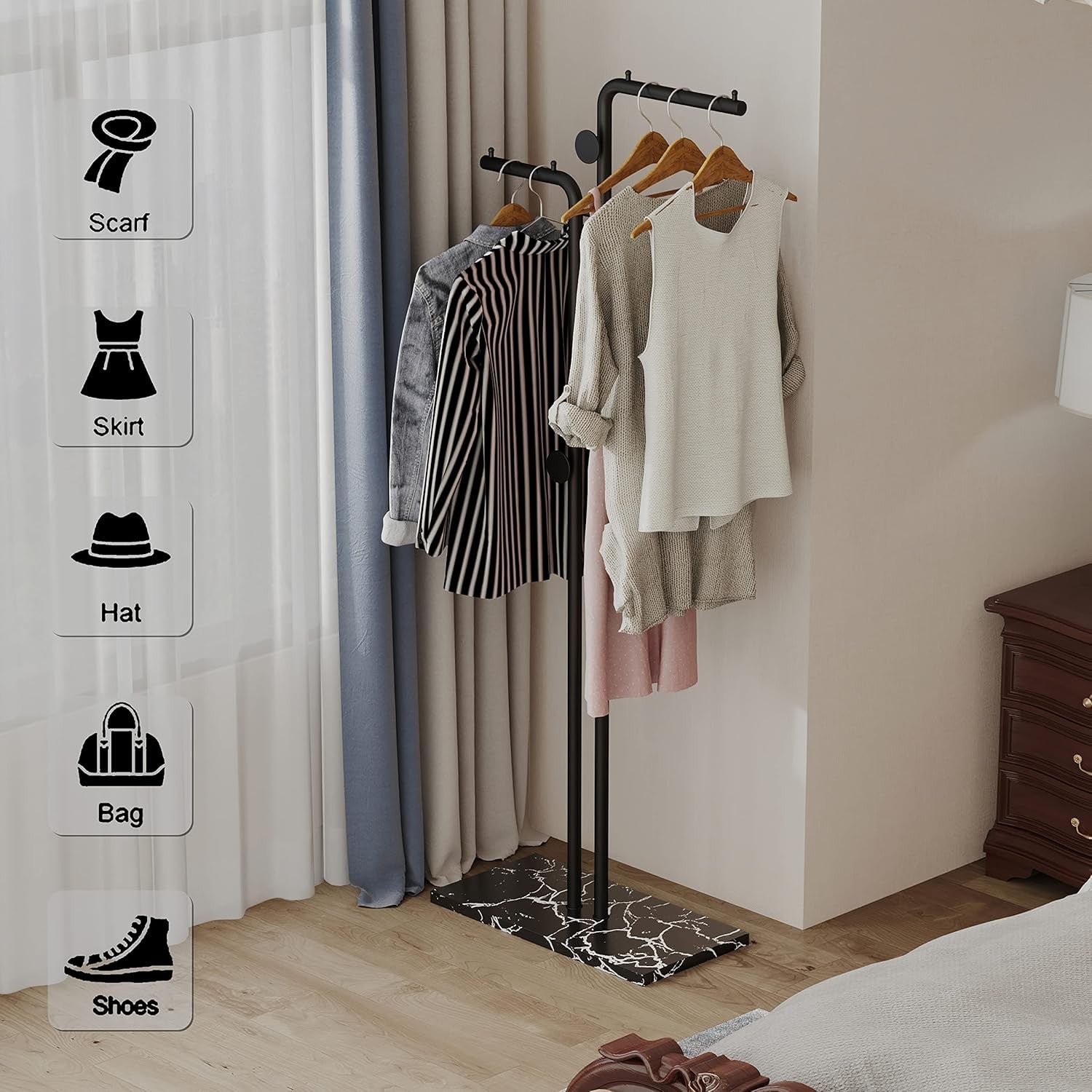 Double Pole Metal Coat Rack Freestanding with Marble Base 5 Hooks Black