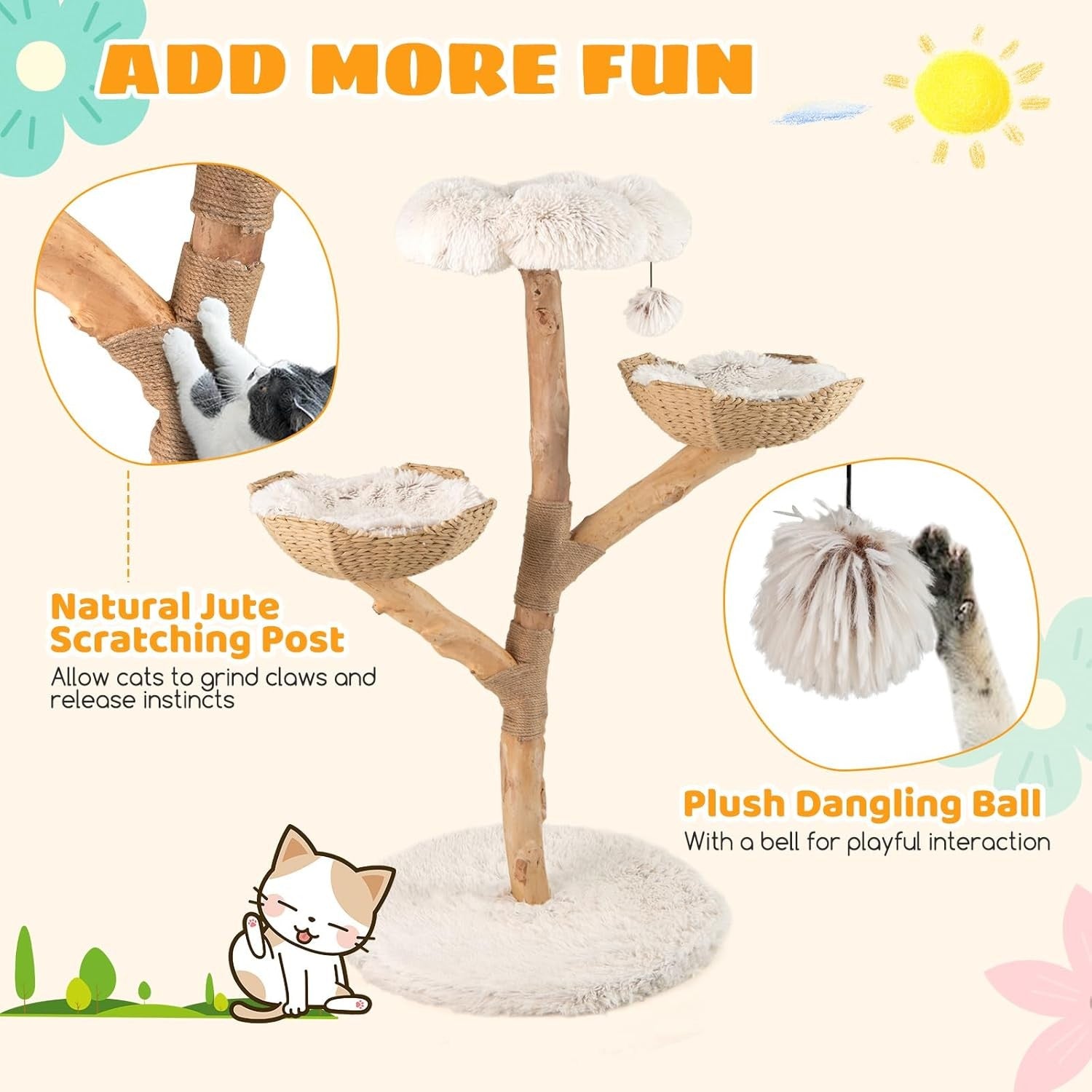 122cm Wooden Cat Tree White Multi Level Tower with Basket Perches & Jute Scratch