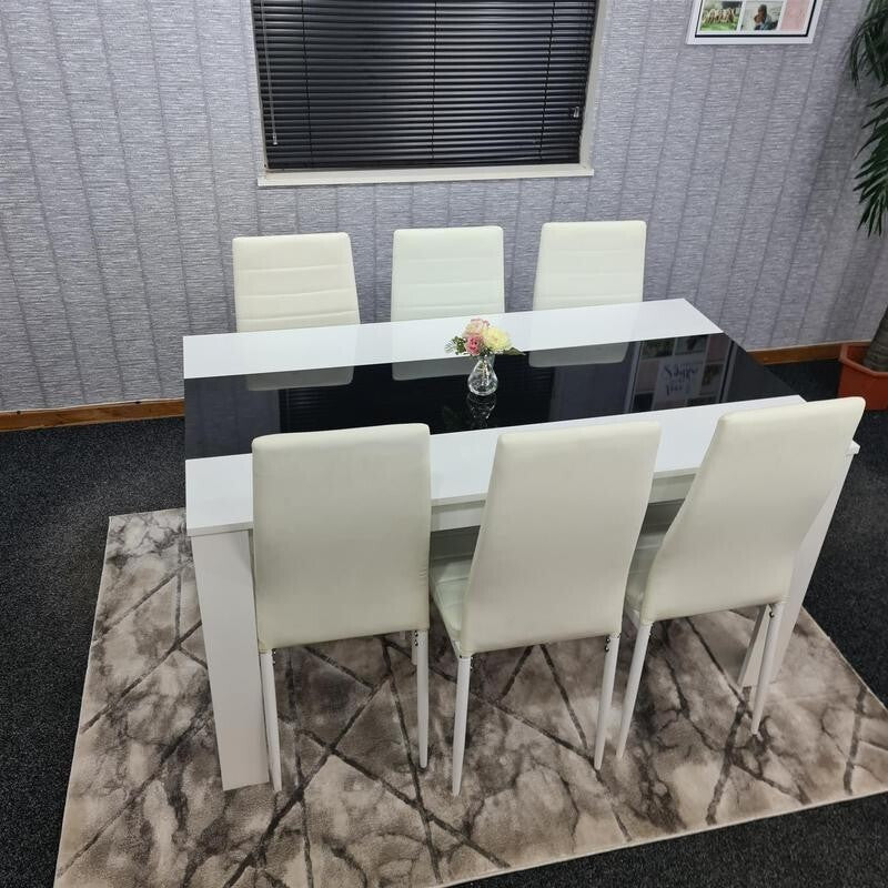 White Black Dining Table Set with 6 Leather Chairs Modern MDF 140cm