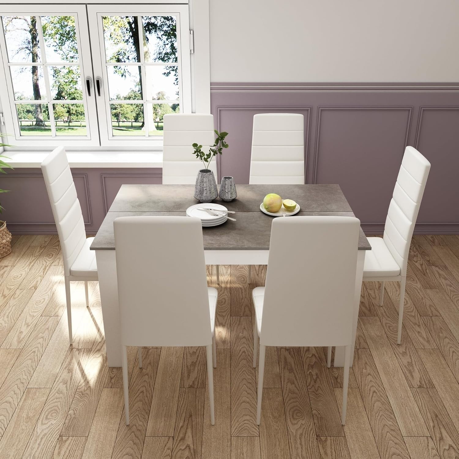 Dining Table Set 6 Grey Oak Faux Leather Chairs Modern Kitchen Home