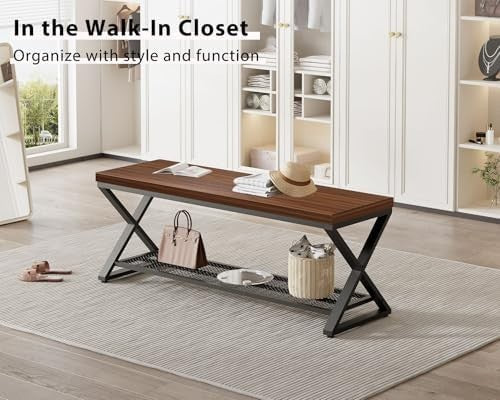Walnut Industrial Entryway Storage Bench Metal Frame Shoe Rack Seat 119x36x46cm