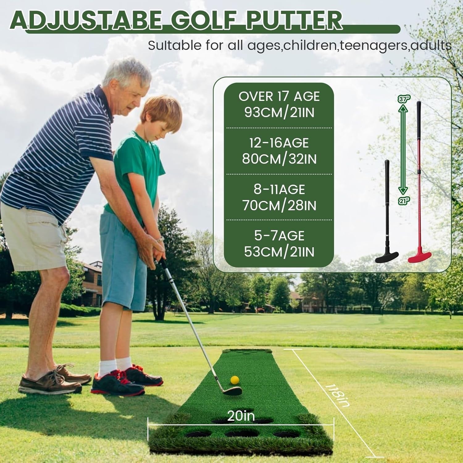 Golf Putting Green Mat Indoor Outdoor Practice Game Set w Putters