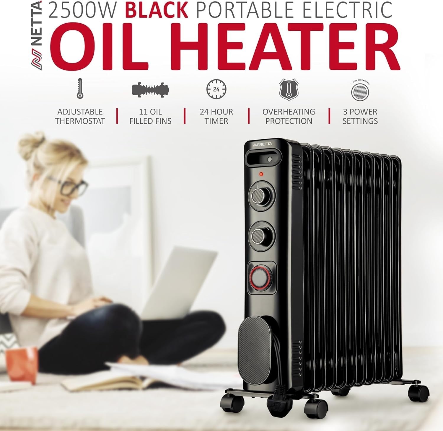 2500W Oil Filled Radiator Heater 11 Fin Portable Thermostat Timer