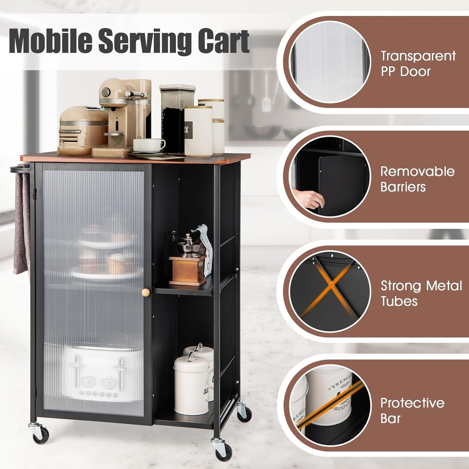 Kitchen Island Trolley with Transparent Cabinet & Lockable Wheels Black
