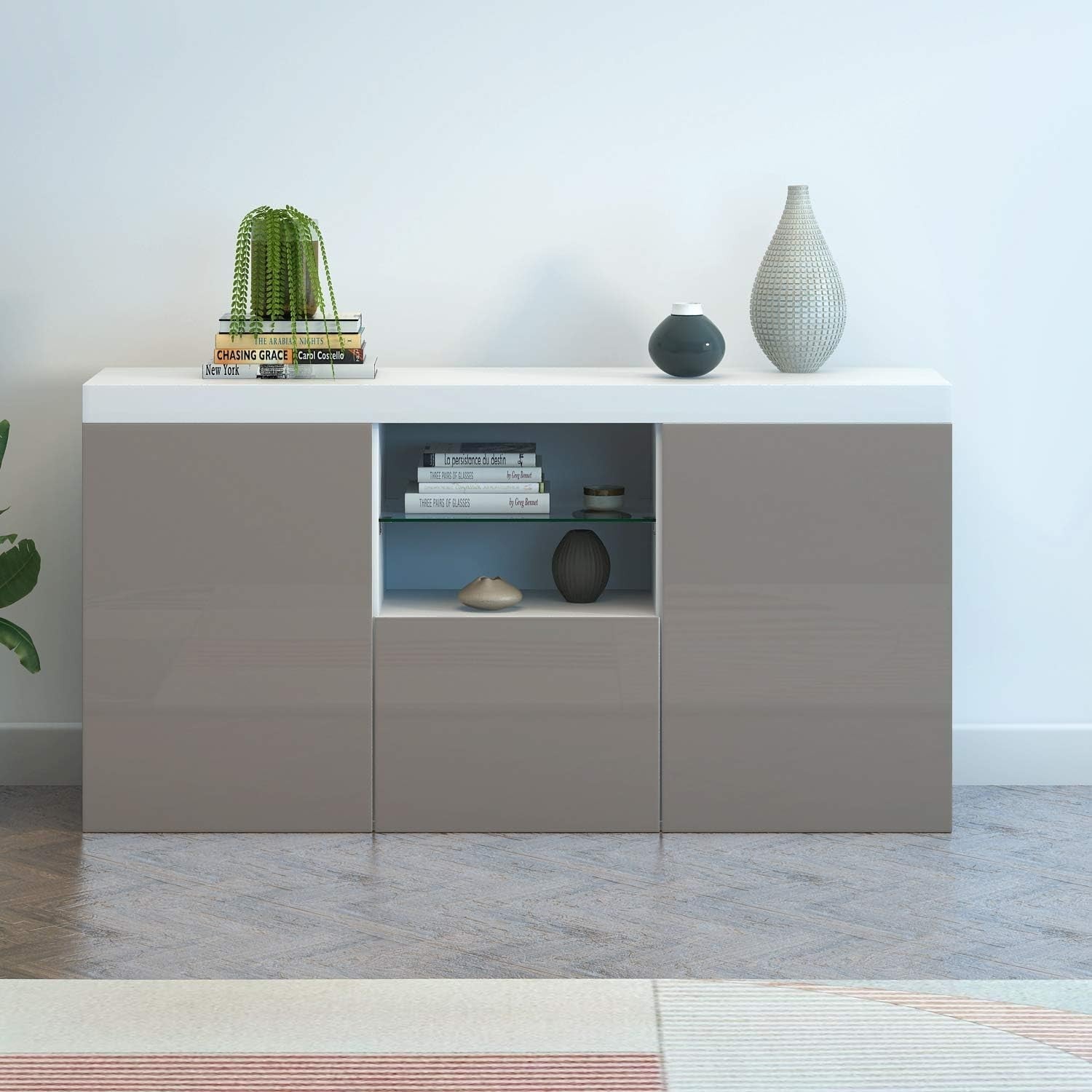 RGB LED TV Cabinet Grey Gloss Sideboard Unit 3 Door Storage 130cm Modern