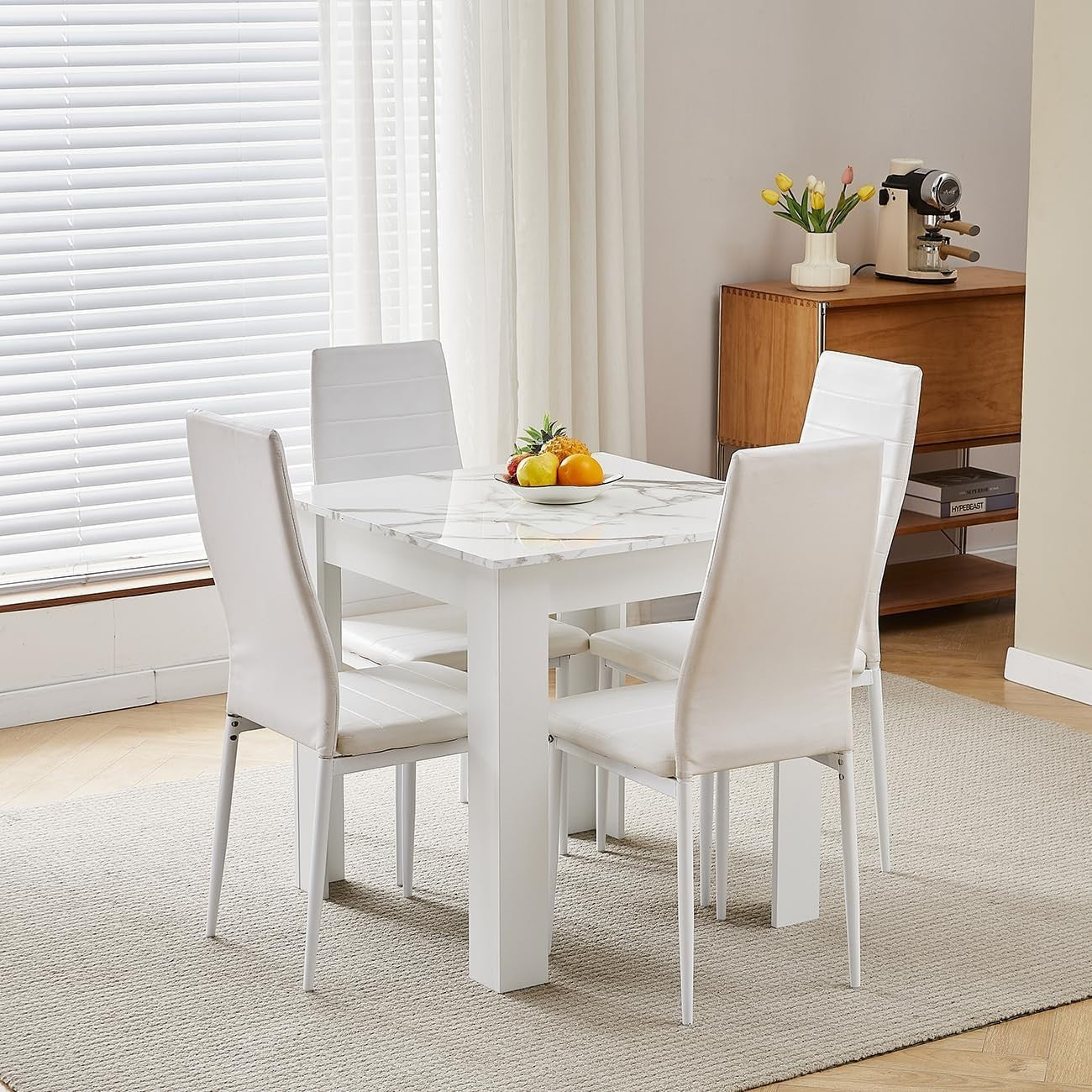 Modern 4-Piece White Marble Dining Set with 2 PU Chairs for Small Spaces