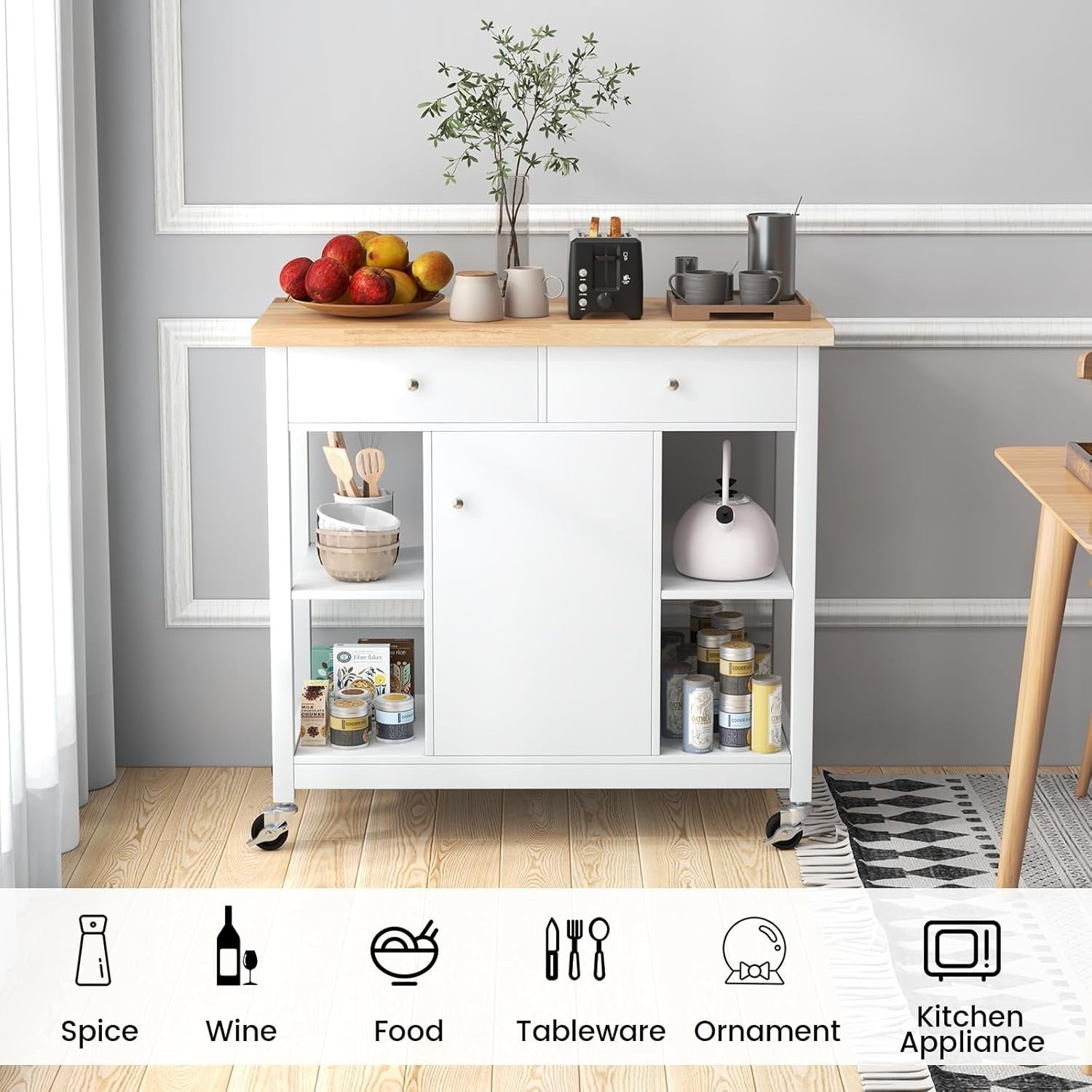 Mobile Kitchen Island Cart with Adjustable Shelves, Drawers & Lockable Wheels