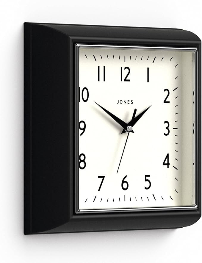 Black Retro Square Wall Clock 25cm Silent Quartz Easy Read Modern Kitchen Office