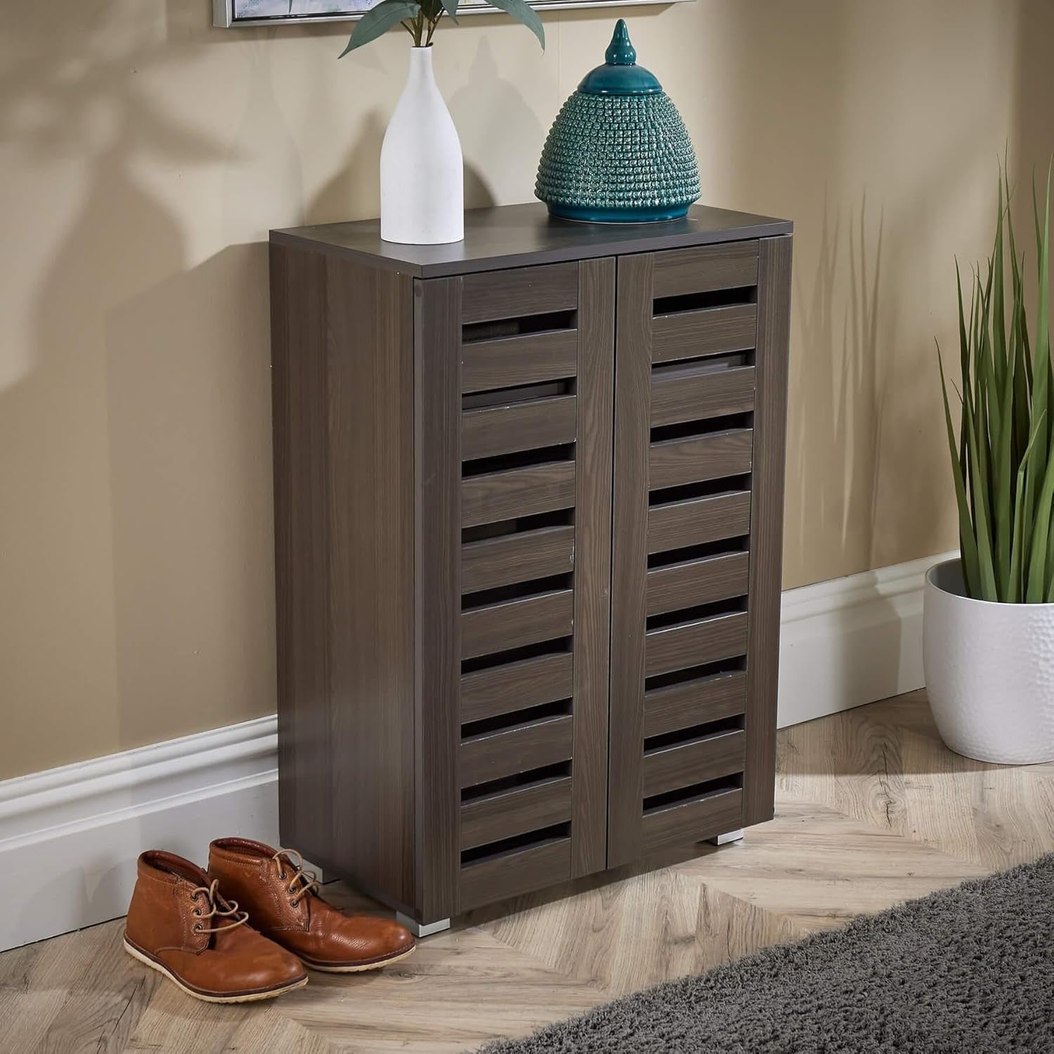 Dark Brown Wooden Shoe Cabinet with Slatted Doors, 2 Door Storage Cupboard